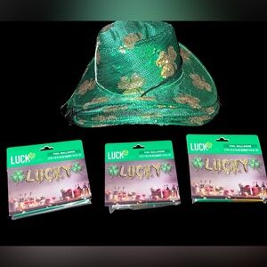Green Sequin Shamrock Cowboy Hat and Lucky Balloons